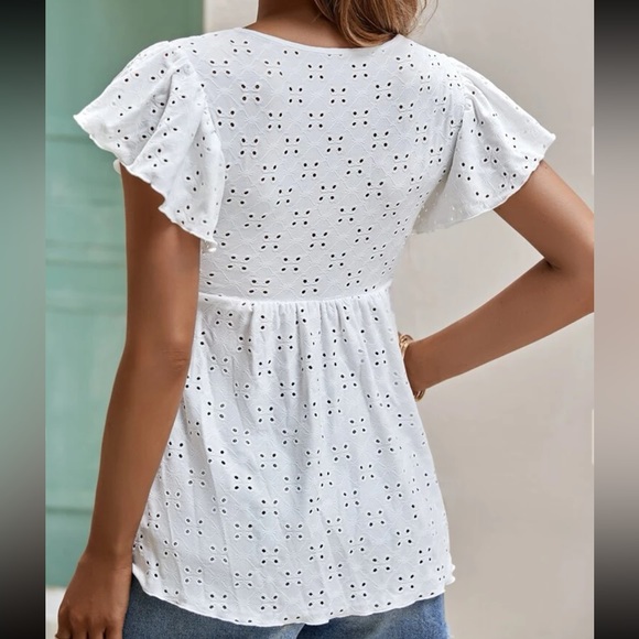 Elegant Peplum Tie Flutter Sleeve Eyelet Embroidered Top Blouse Shirt White - Picture 10 of 15